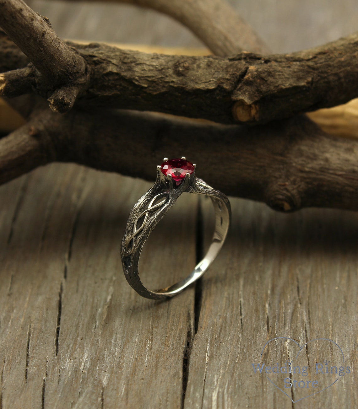 Dainty Ruby with Silver Infinity Branch Engagement Ring