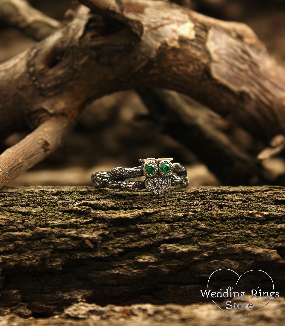 Owl on the Branch Silver Engagement Ring with Emeralds