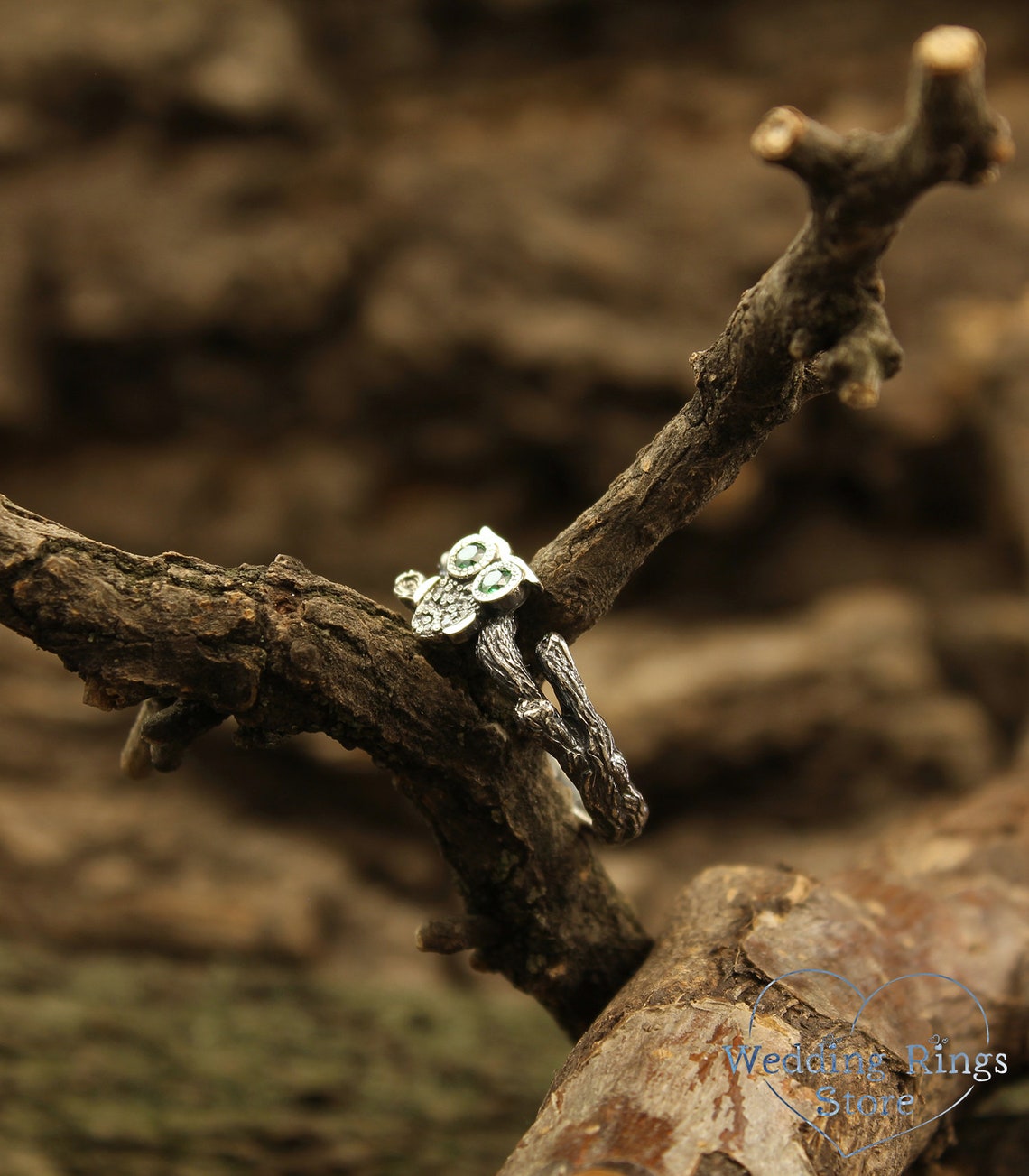 Owl on the Branch Silver Engagement Ring with Emeralds