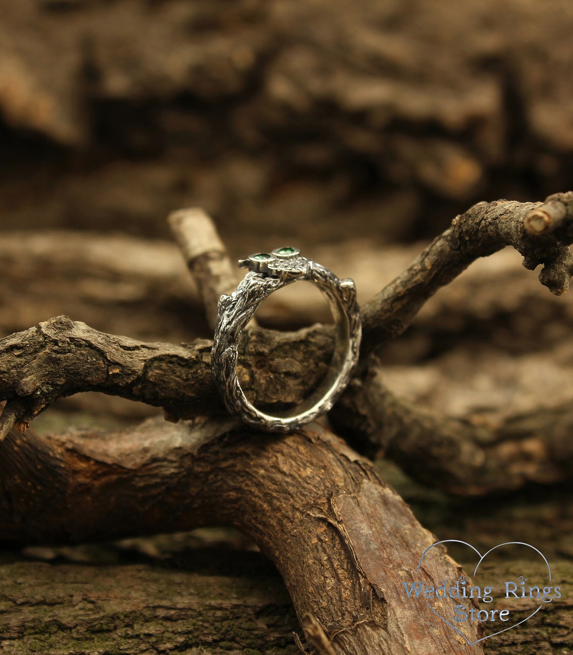 Owl on the Branch Silver Engagement Ring with Emeralds