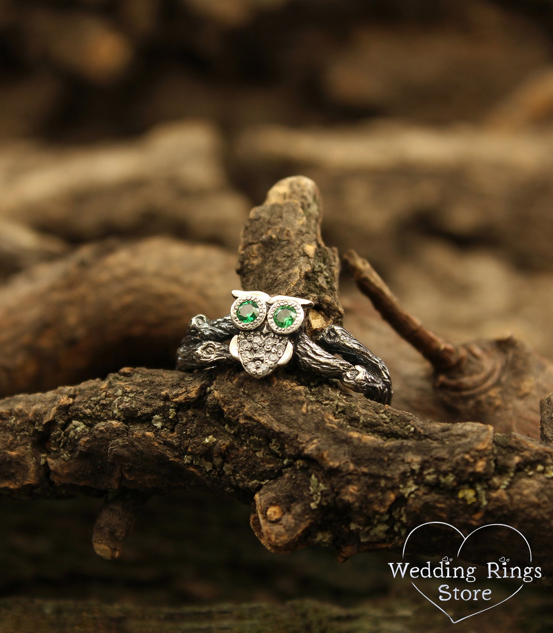 Owl on the Branch Silver Engagement Ring with Emeralds