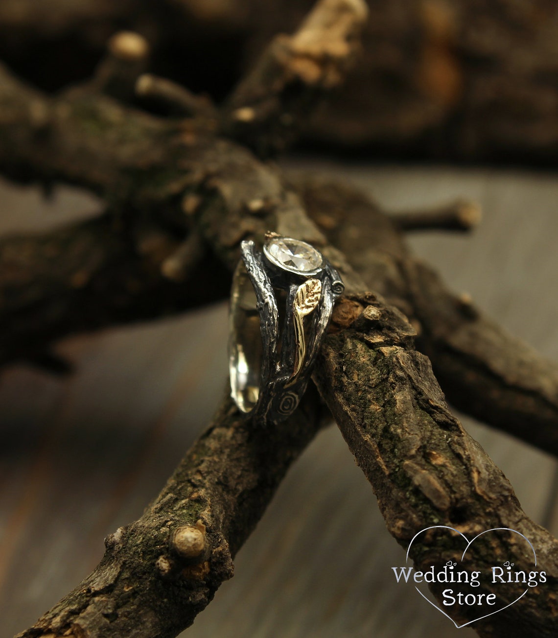 Bezel Gemstone Silver Branch Engagement Ring and Gold Leaves