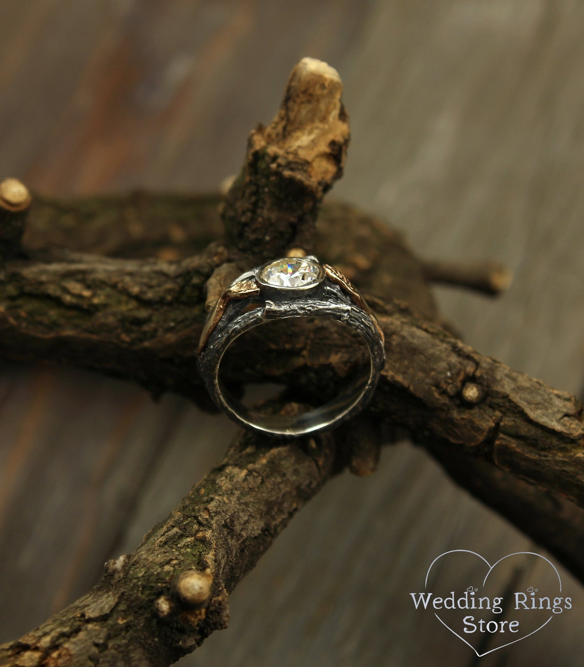 Bezel Gemstone Silver Branch Engagement Ring and Gold Leaves