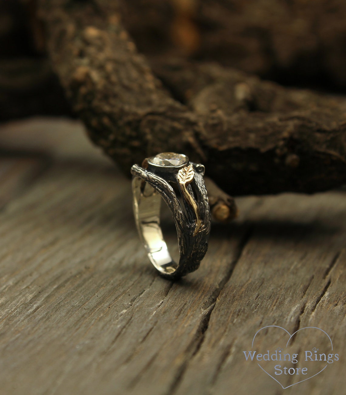 Bezel Gemstone Silver Branch Engagement Ring and Gold Leaves