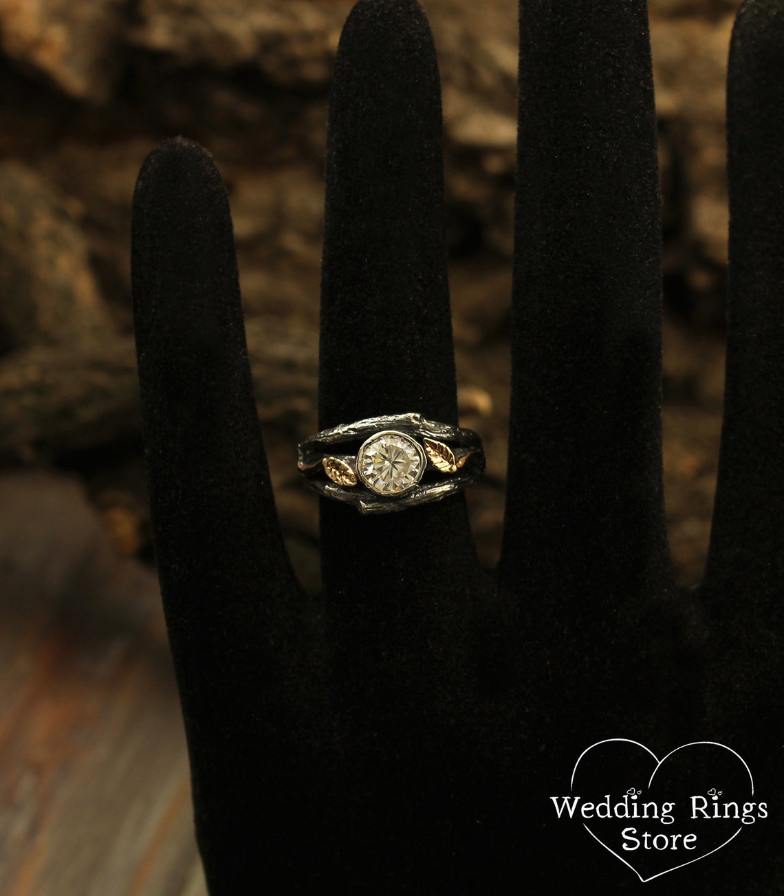 Bezel Gemstone Silver Branch Engagement Ring and Gold Leaves