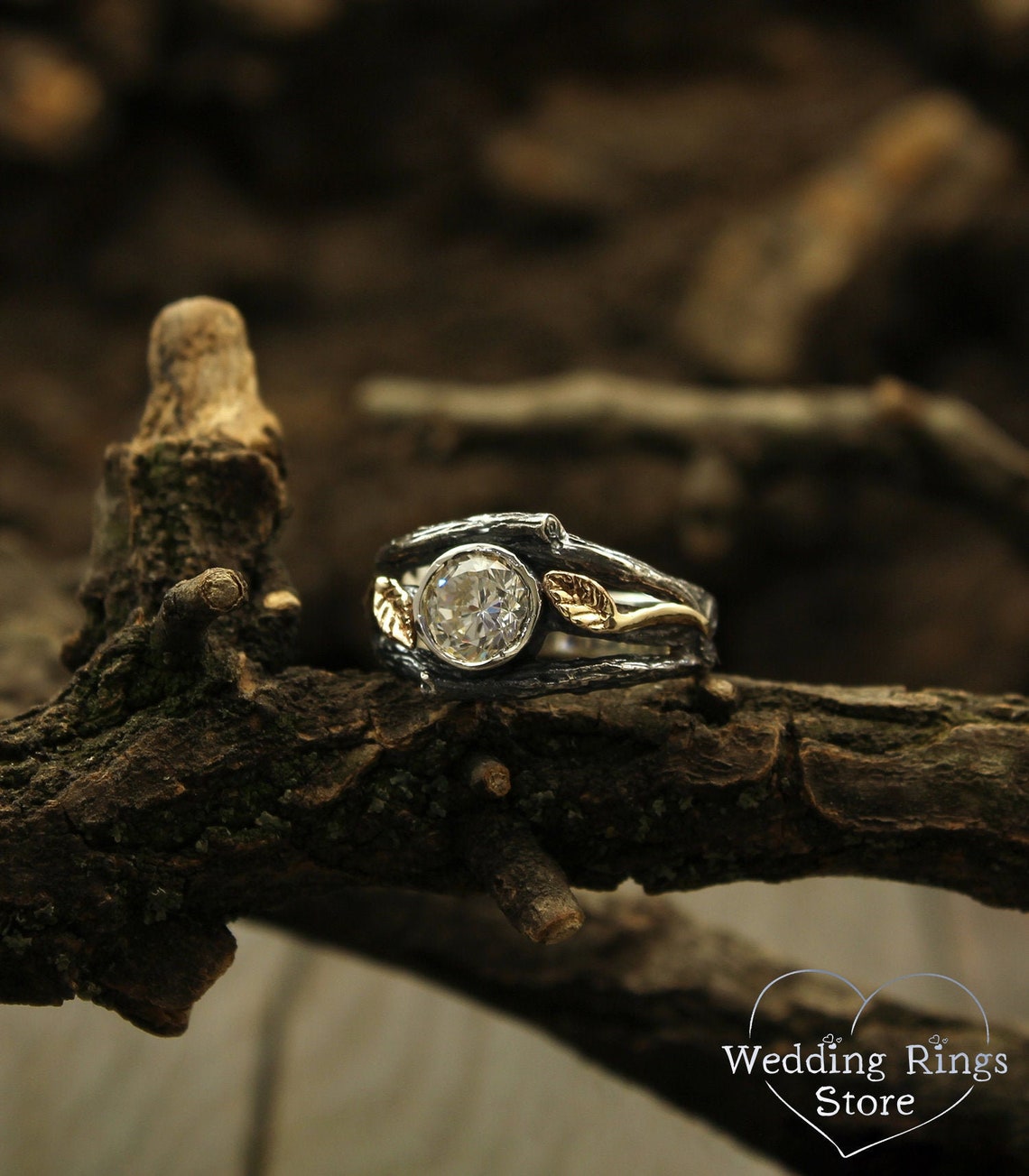 Bezel Gemstone Silver Branch Engagement Ring and Gold Leaves