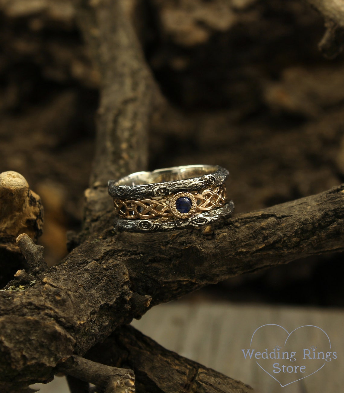 Woodgrain Style and Celtic pattern Mixed Metals Sapphire Wedding Band