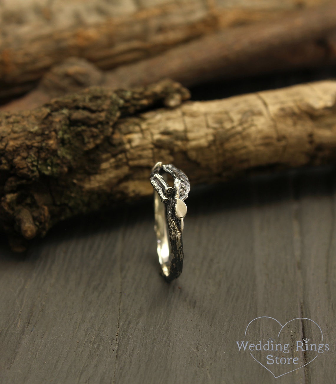 Stones on a Dainty Split Silver Branch & Leaves Cute Ring