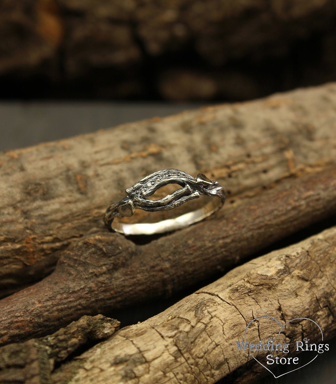 Stones on a Dainty Split Silver Branch & Leaves Cute Ring