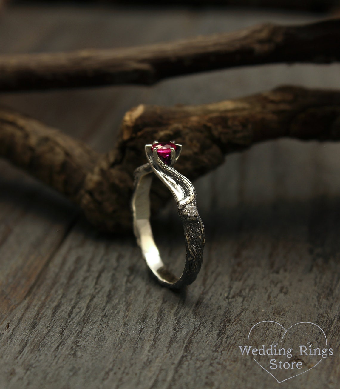 Stunning Round Ruby Engagement Ring & Silver Branch