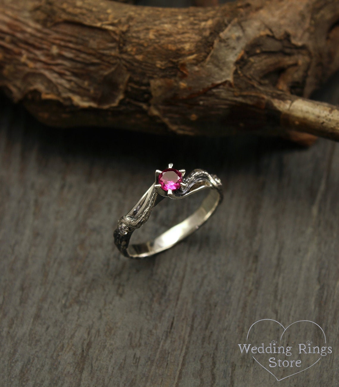 Stunning Round Ruby Engagement Ring & Silver Branch