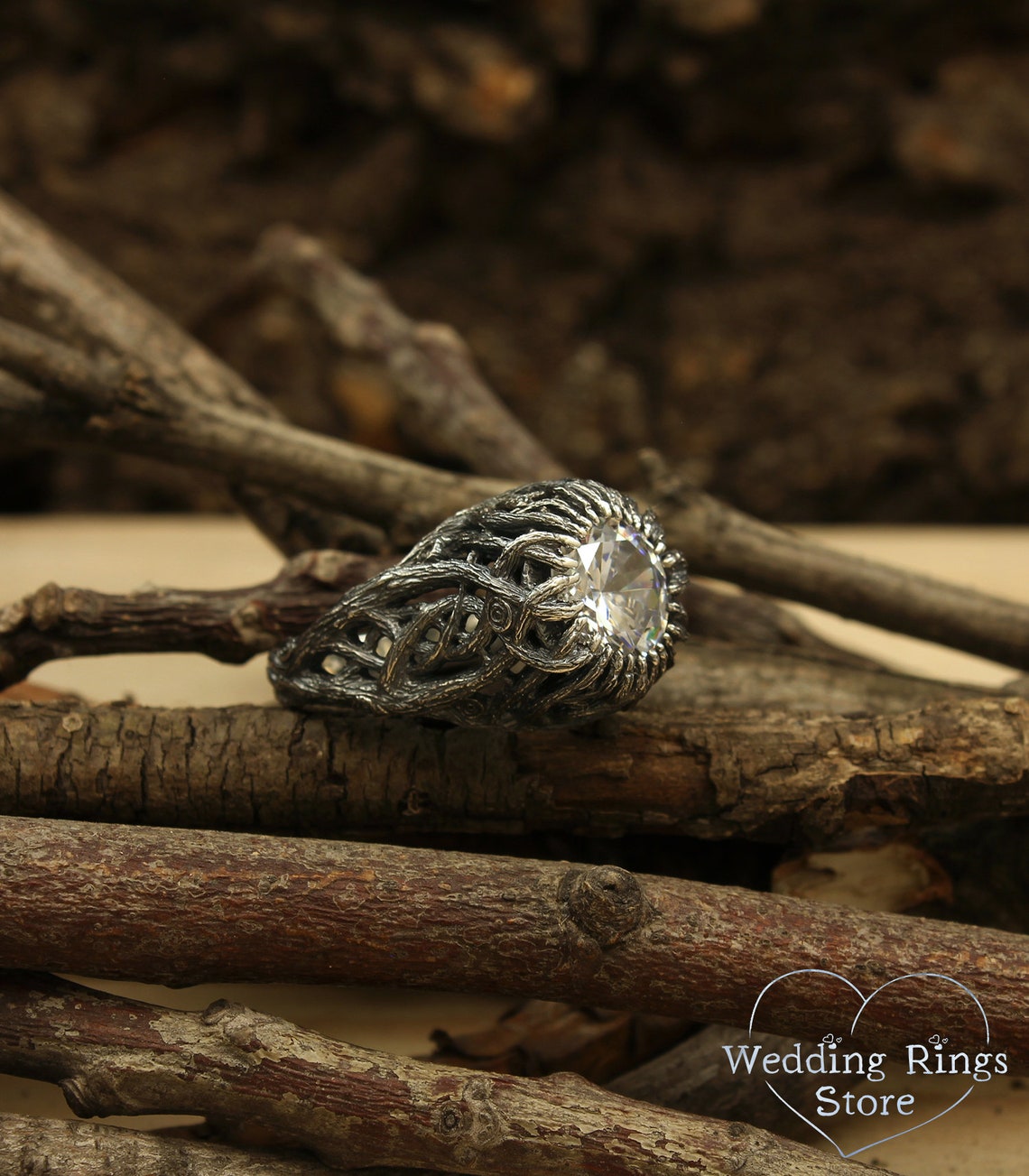 Wild Forest Braided Silver Branches & 10 mm Gemstone Coctail Ring