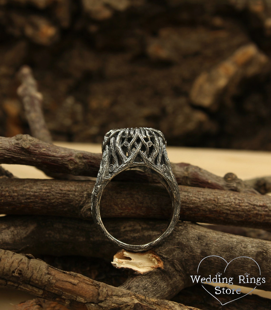 Wild Forest Braided Silver Branches & 10 mm Gemstone Coctail Ring