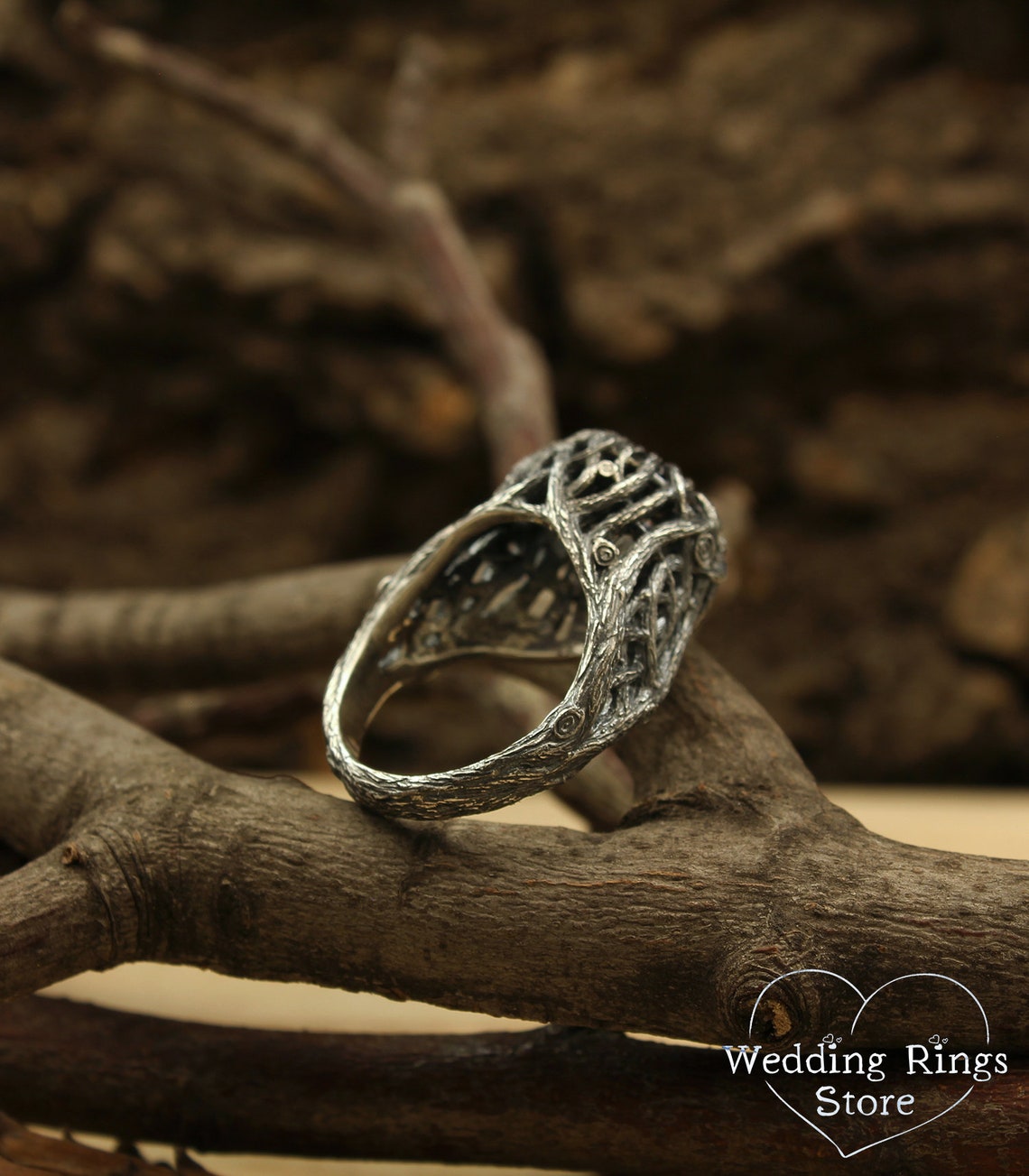 Wild Forest Braided Silver Branches & 10 mm Gemstone Coctail Ring