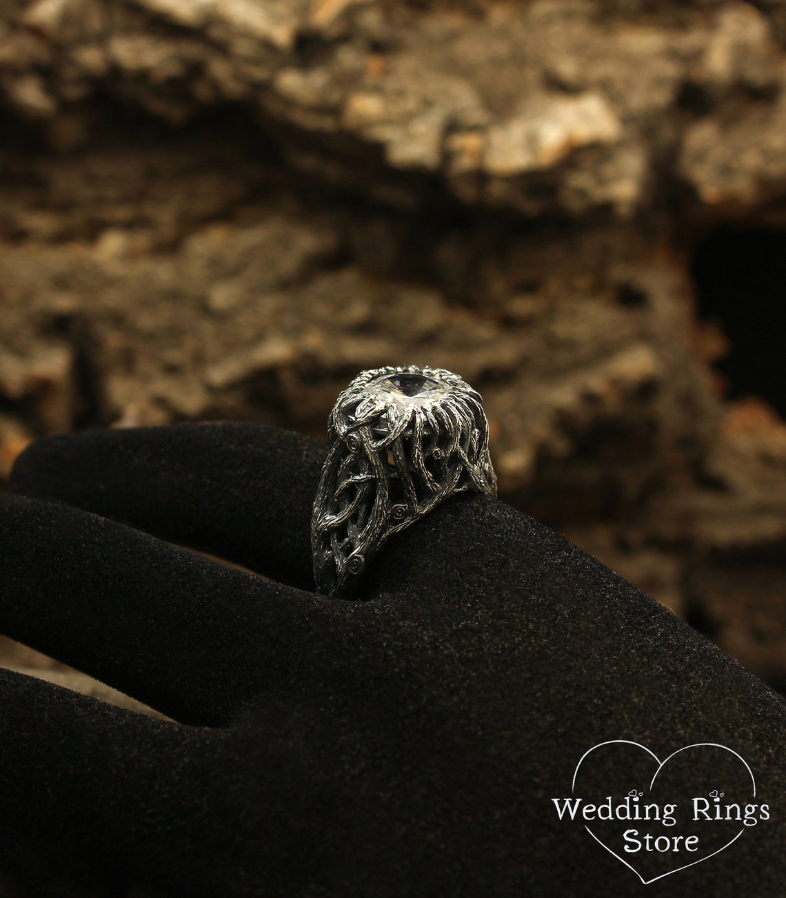 Wild Forest Braided Silver Branches & 10 mm Gemstone Coctail Ring