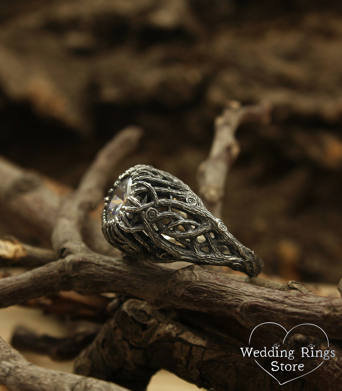 Wild Forest Braided Silver Branches & 10 mm Gemstone Coctail Ring