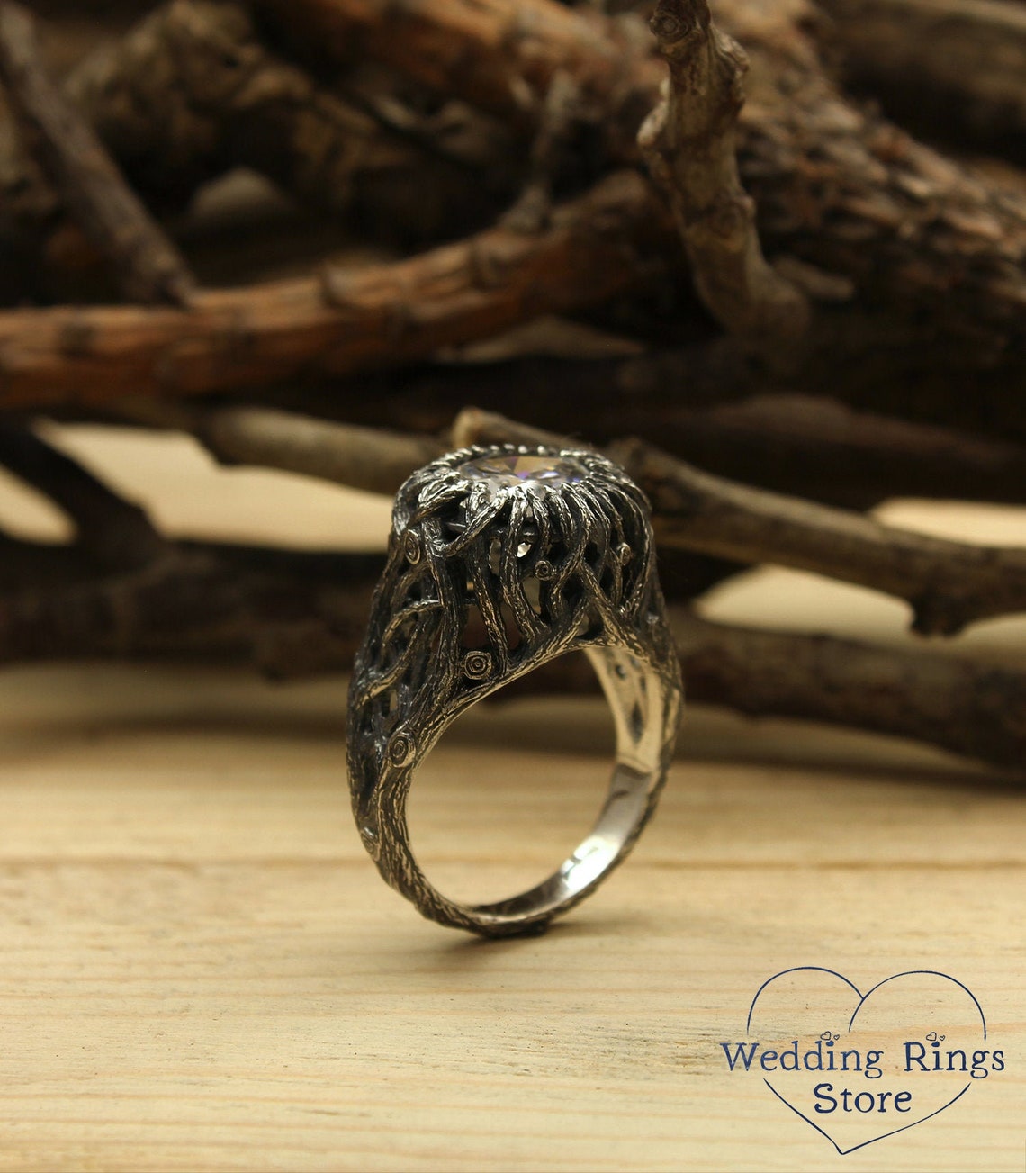 Wild Forest Braided Silver Branches & 10 mm Gemstone Coctail Ring