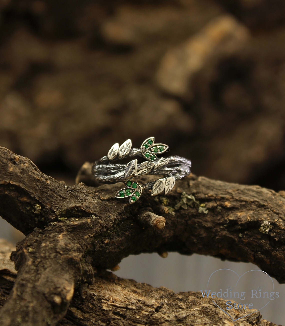 Leaves with Emeralds on the Braided Twigs Ring