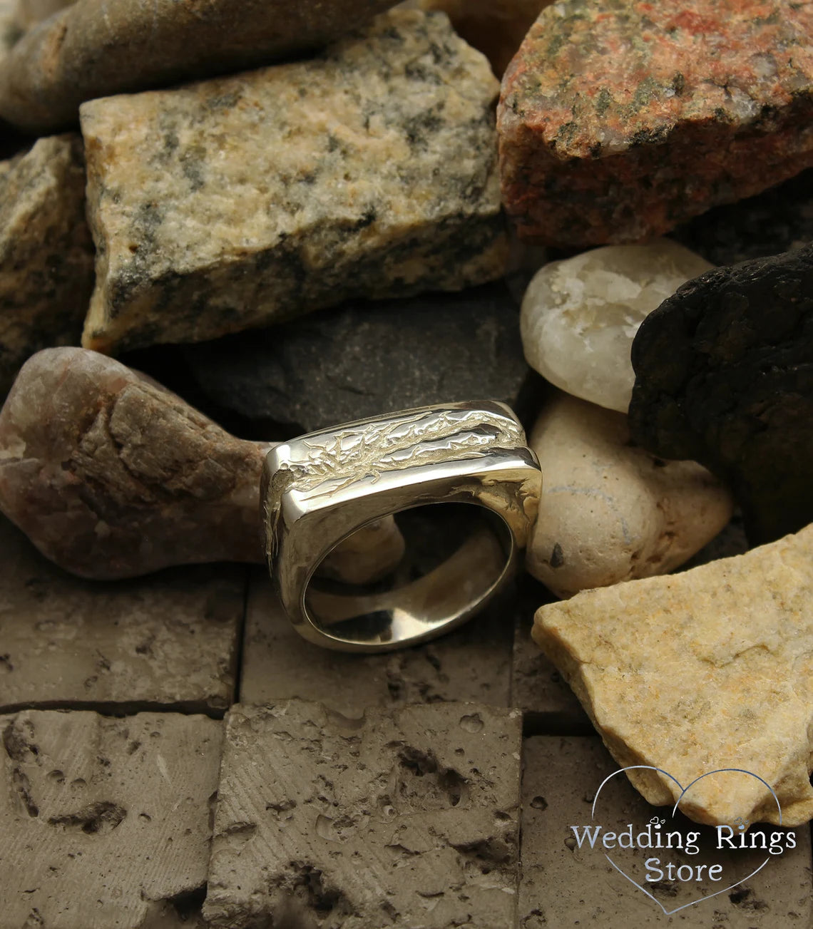 Large and Heavy Damaged Style Flat Solid Silver Ring