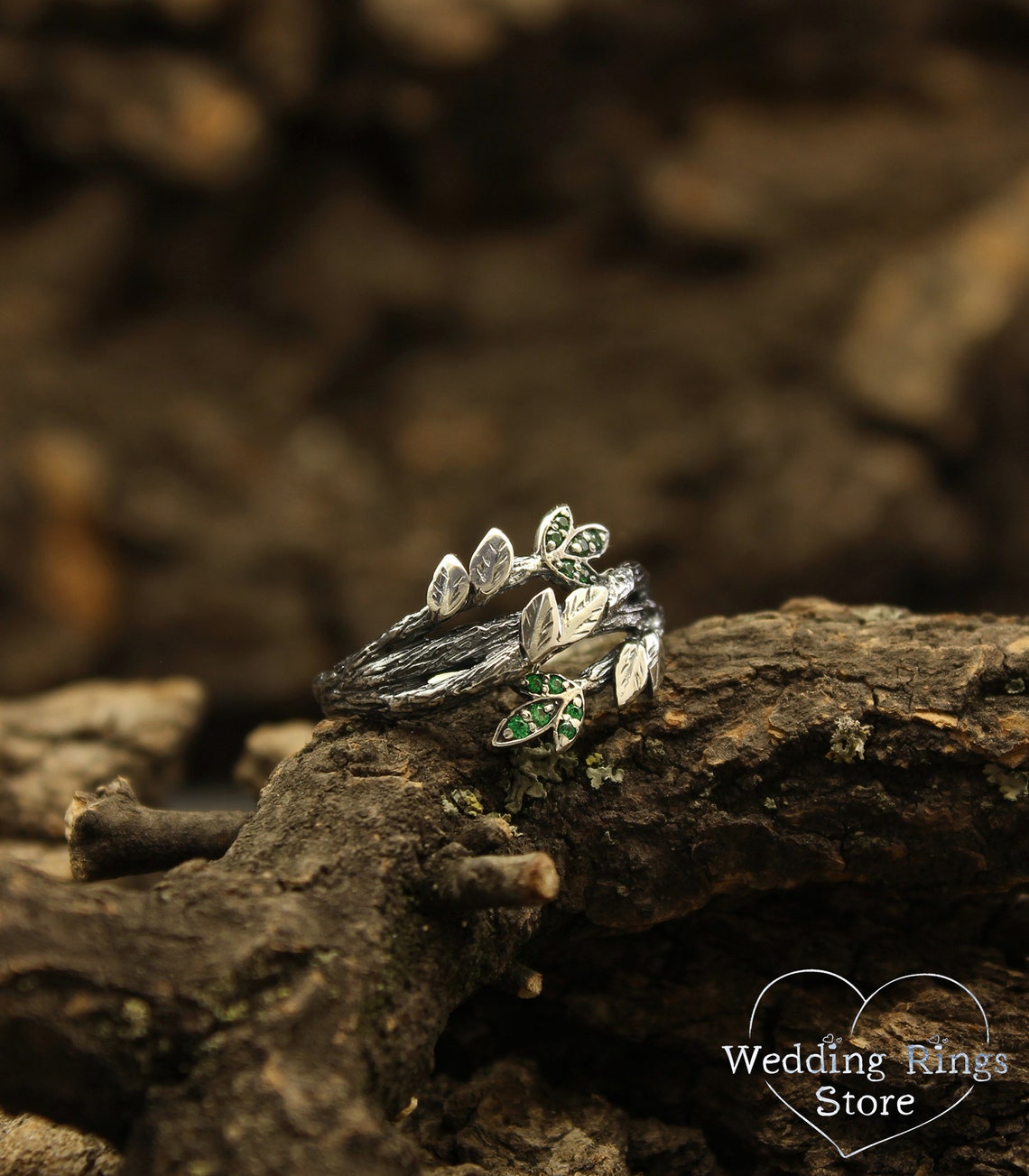 Leaves with Emeralds on the Braided Twigs Ring