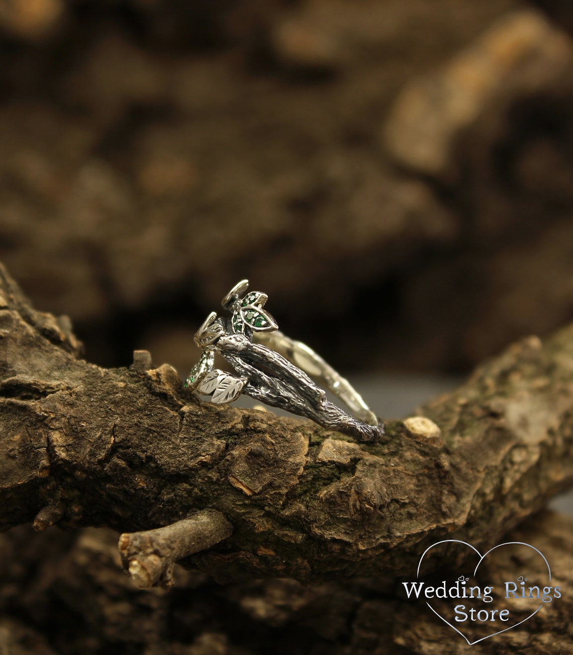 Leaves with Emeralds on the Braided Twigs Ring