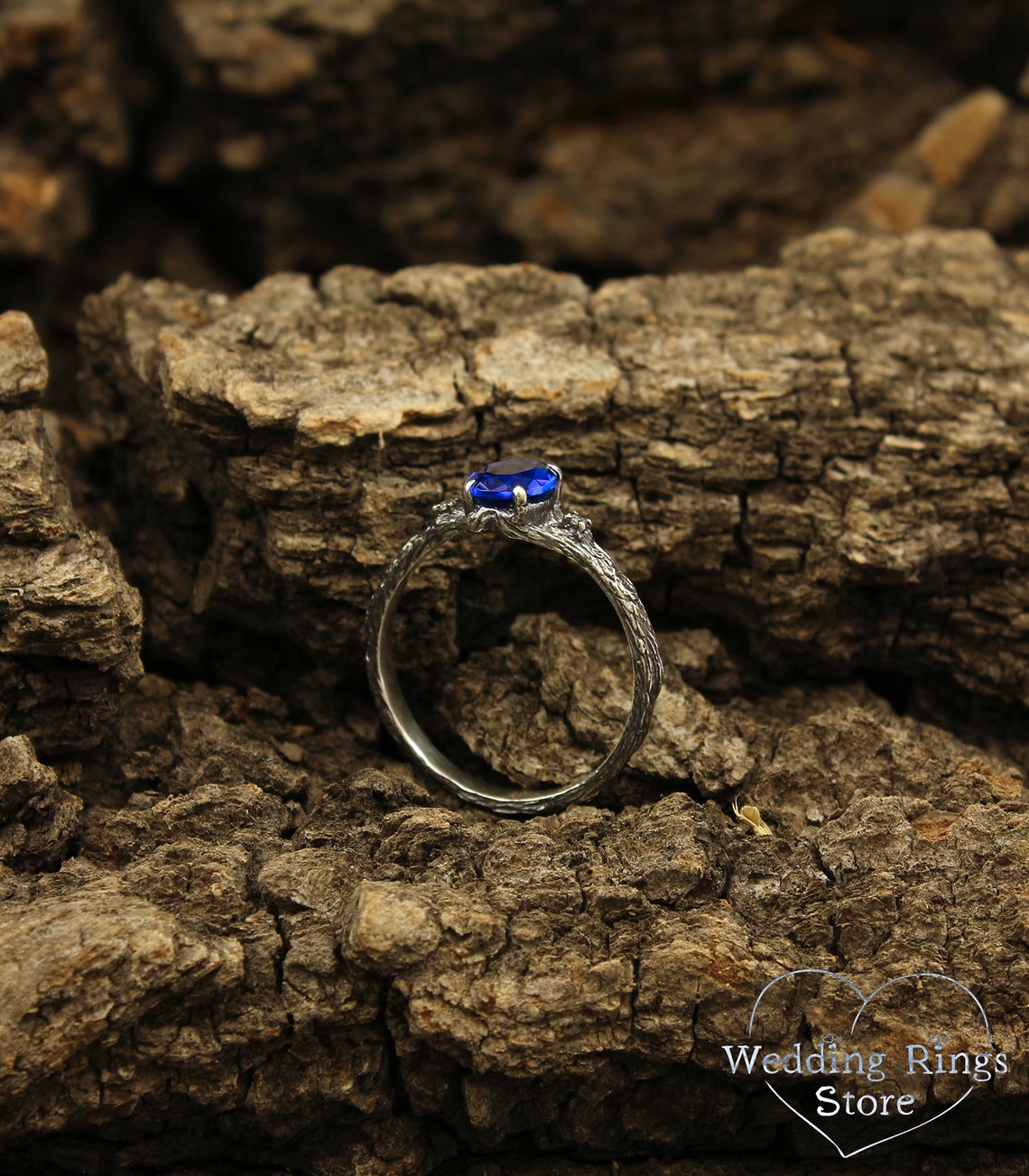 Oval Sapphire with Twig Ring made in Sterling Silver