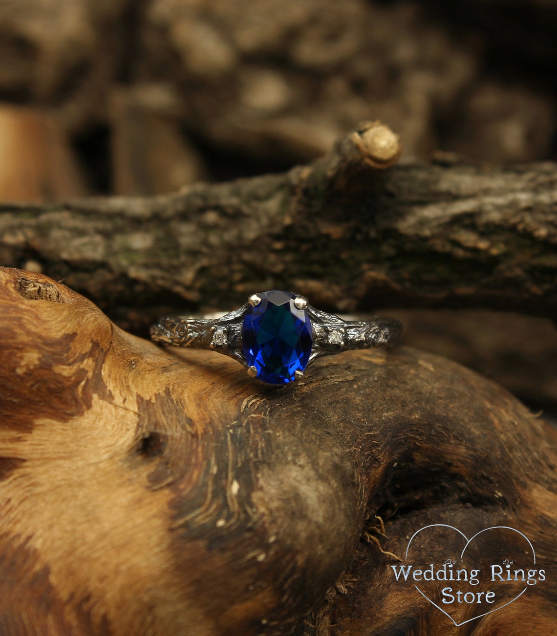 Oval Sapphire with Twig Ring made in Sterling Silver