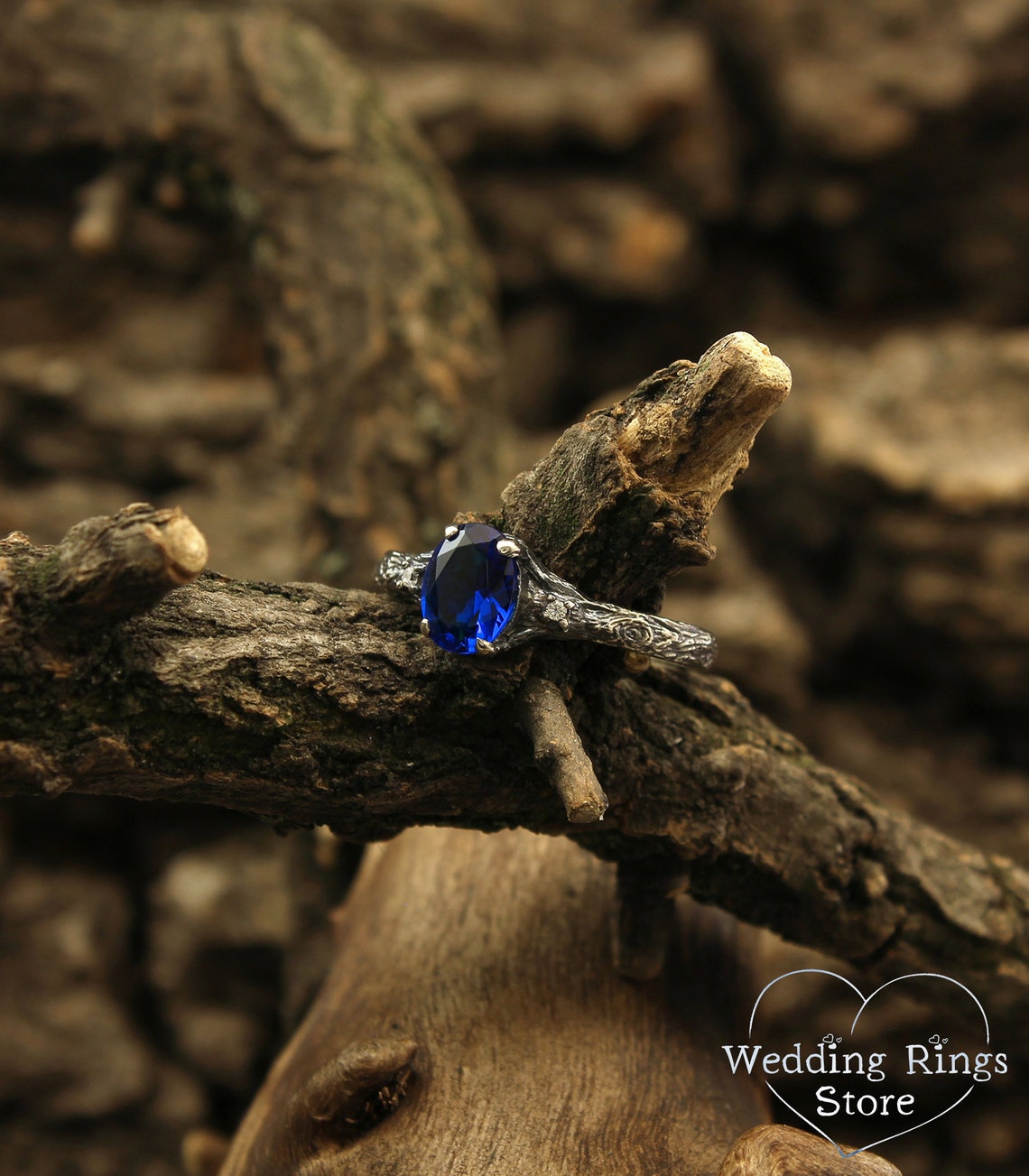 Oval Sapphire with Twig Ring made in Sterling Silver