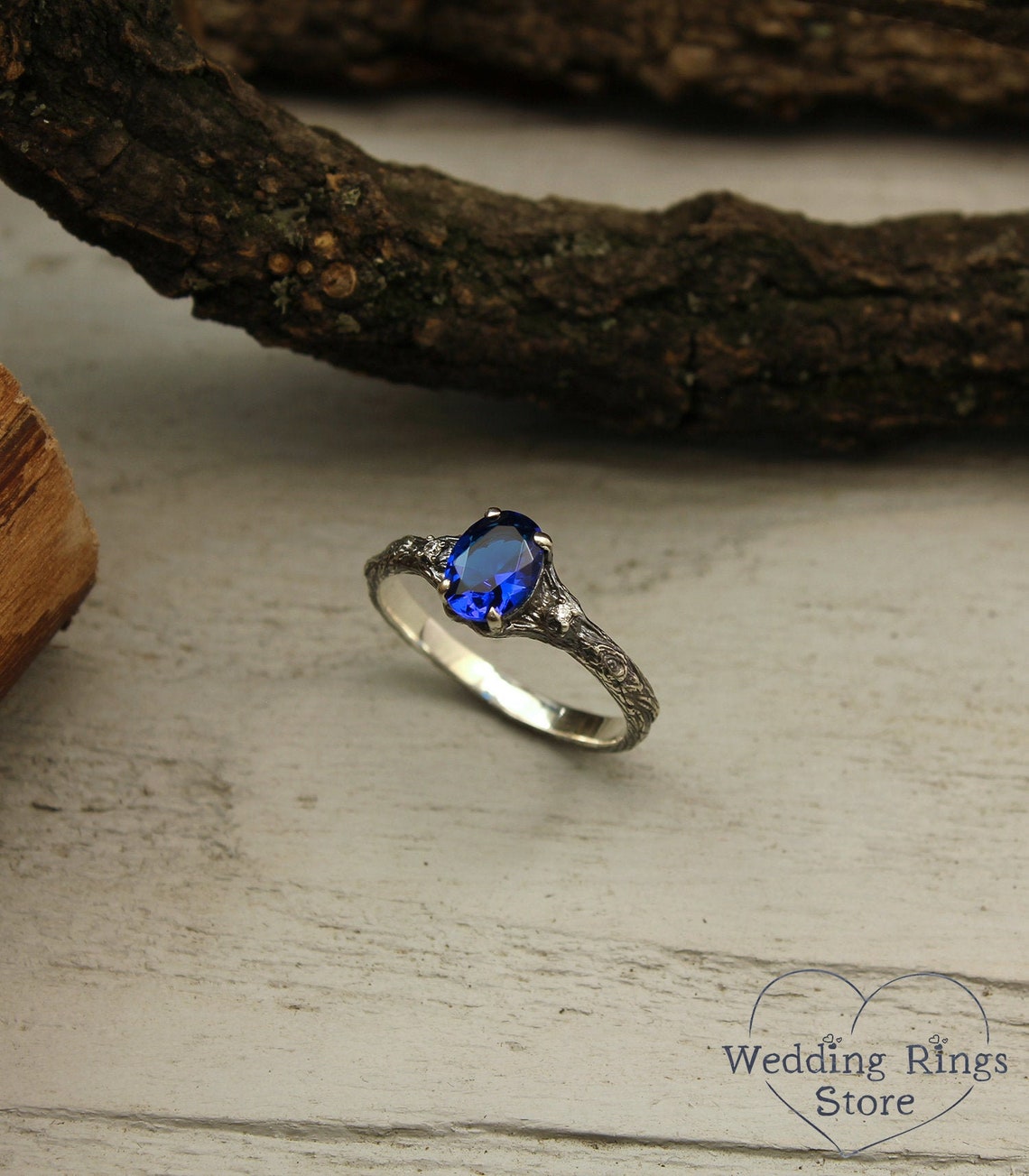 Oval Sapphire with Twig Ring made in Sterling Silver