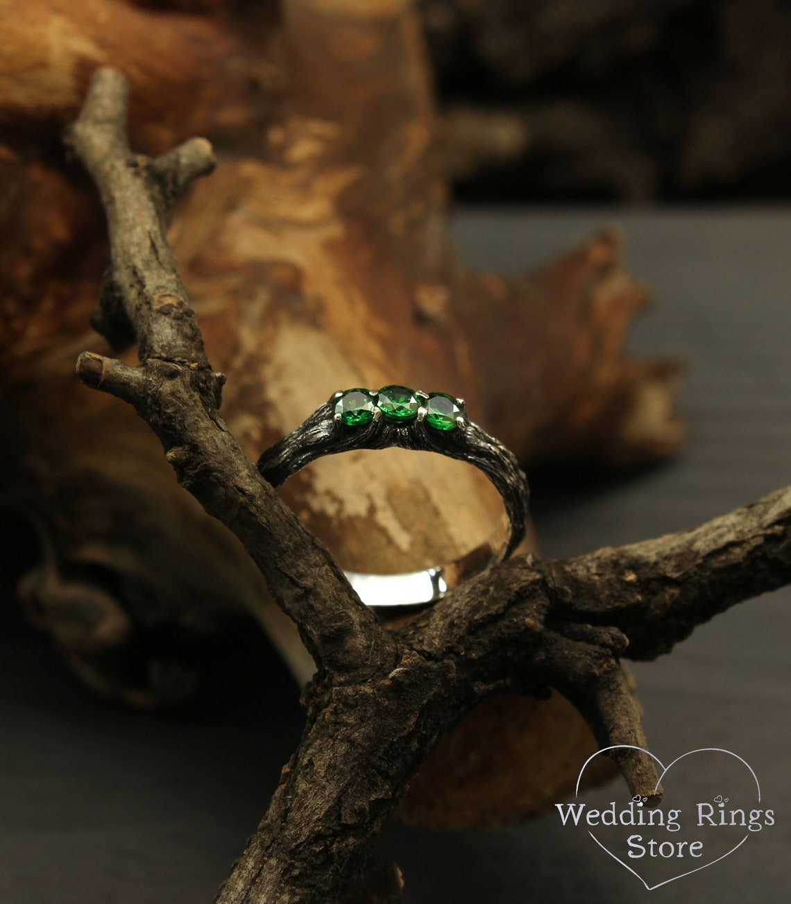 Emeralds on Branch Silver Three Stone Ring for Her