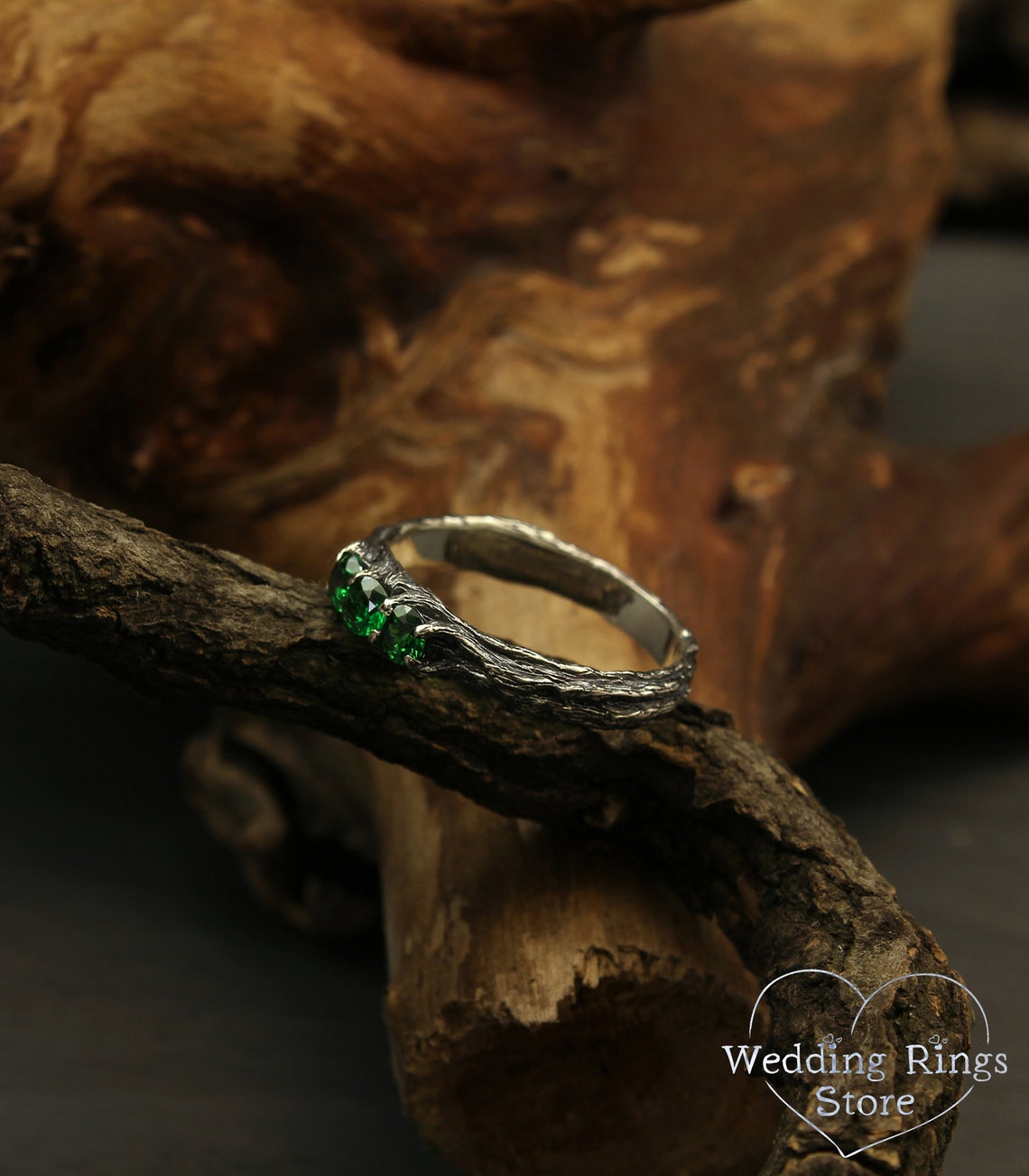 Emeralds on Branch Silver Three Stone Ring for Her