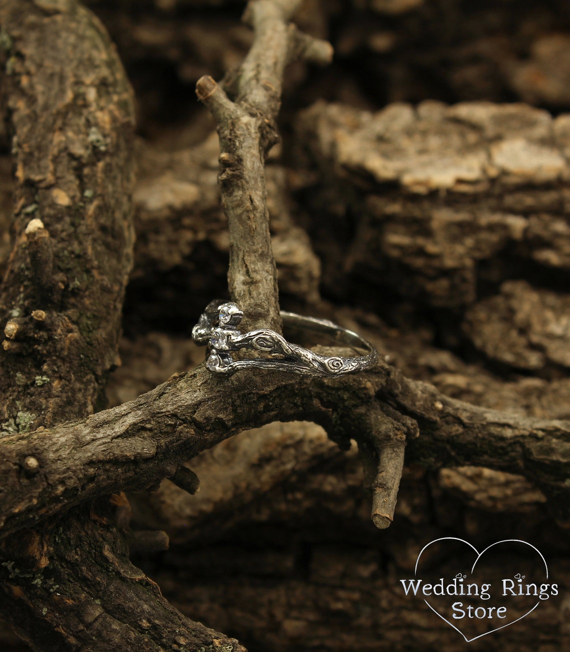 Three Stones on a Three Silver Twigs Cute Engagement Ring