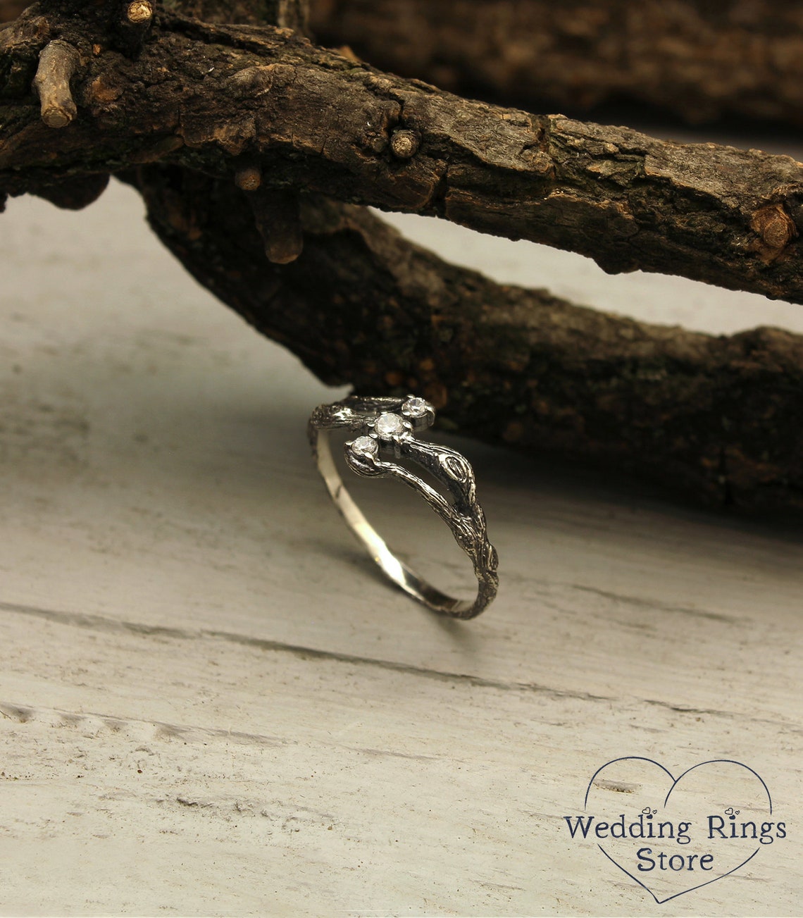 Three Stones on a Three Silver Twigs Cute Engagement Ring