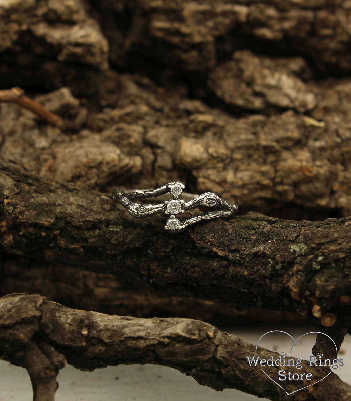 Three Stones on a Three Silver Twigs Cute Engagement Ring