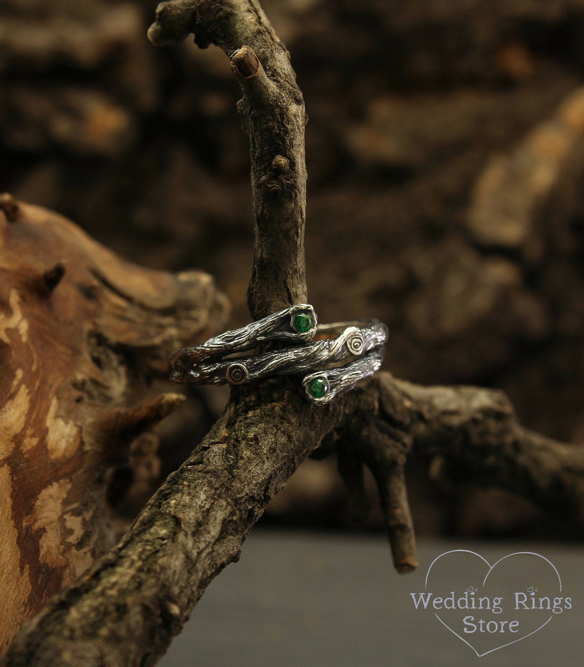 Three petite Branches Unique Silver Promise Ring with Emeralds