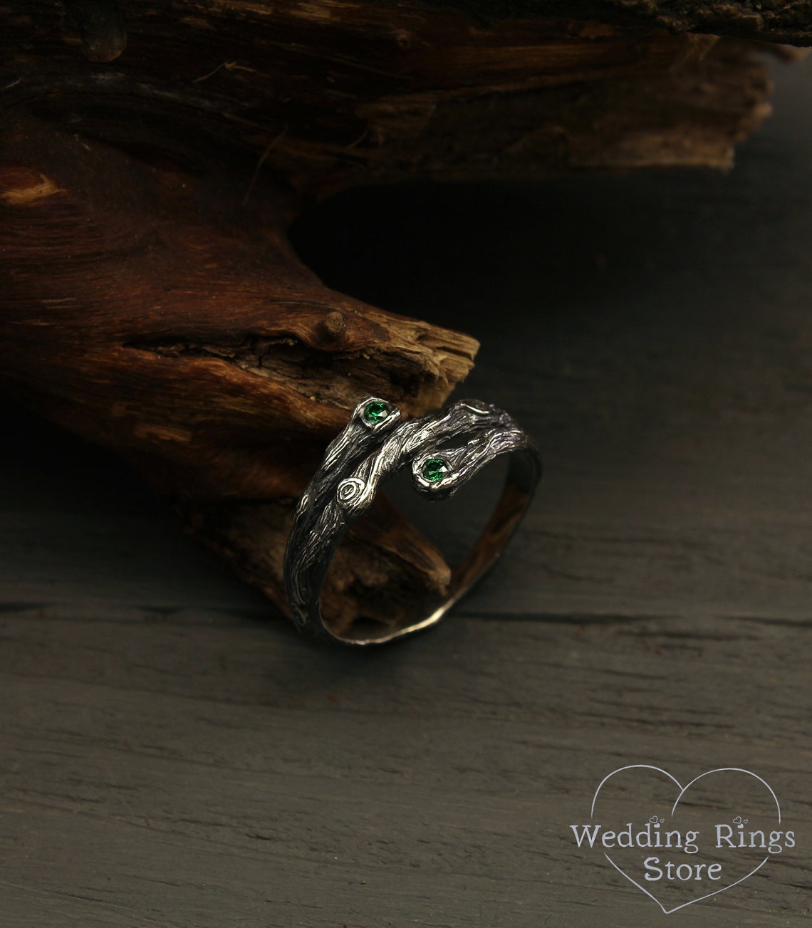 Three petite Branches Unique Silver Promise Ring with Emeralds