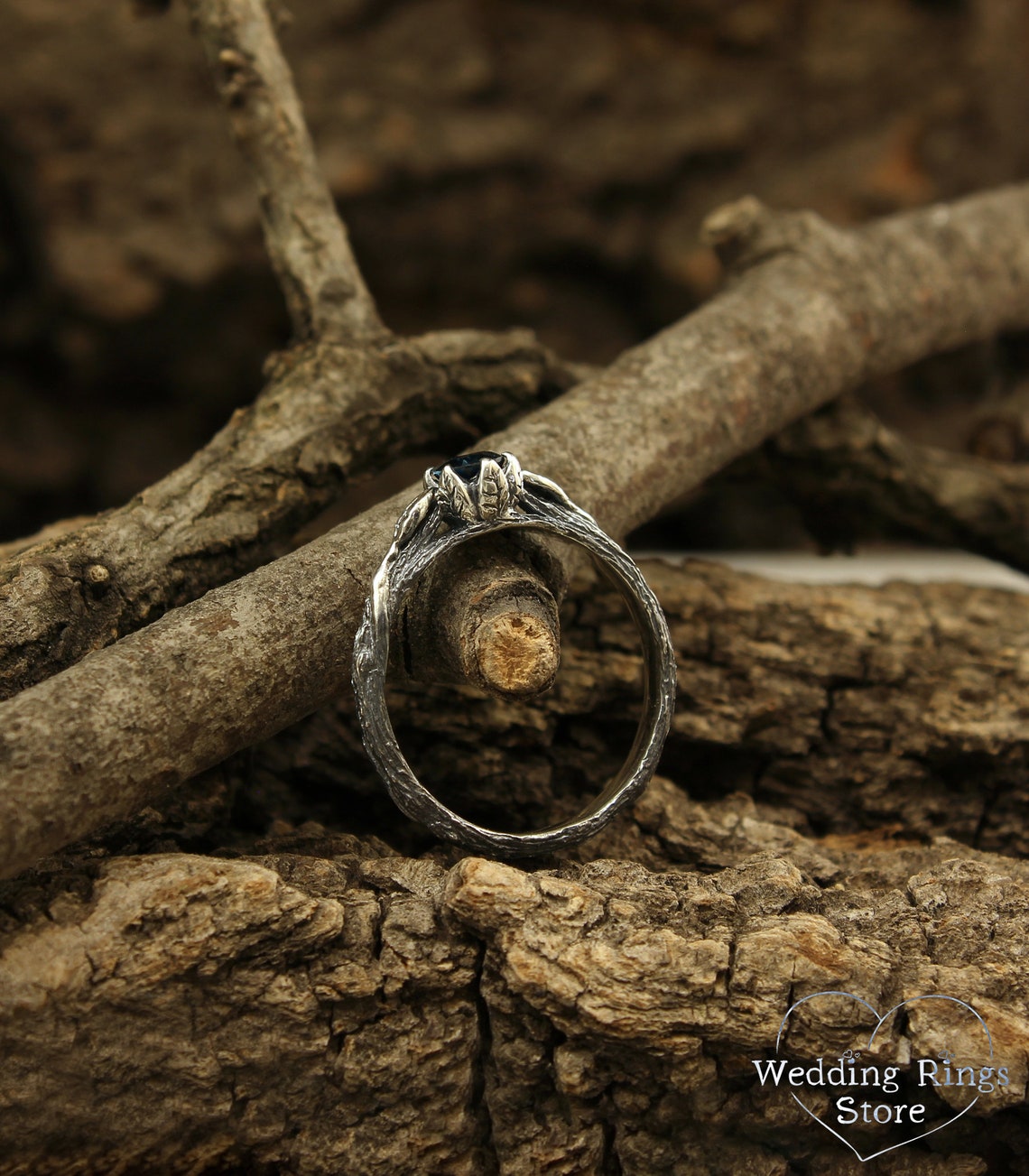 Sparkling Topaz & Leaves on Branch Silver Engagement Ring