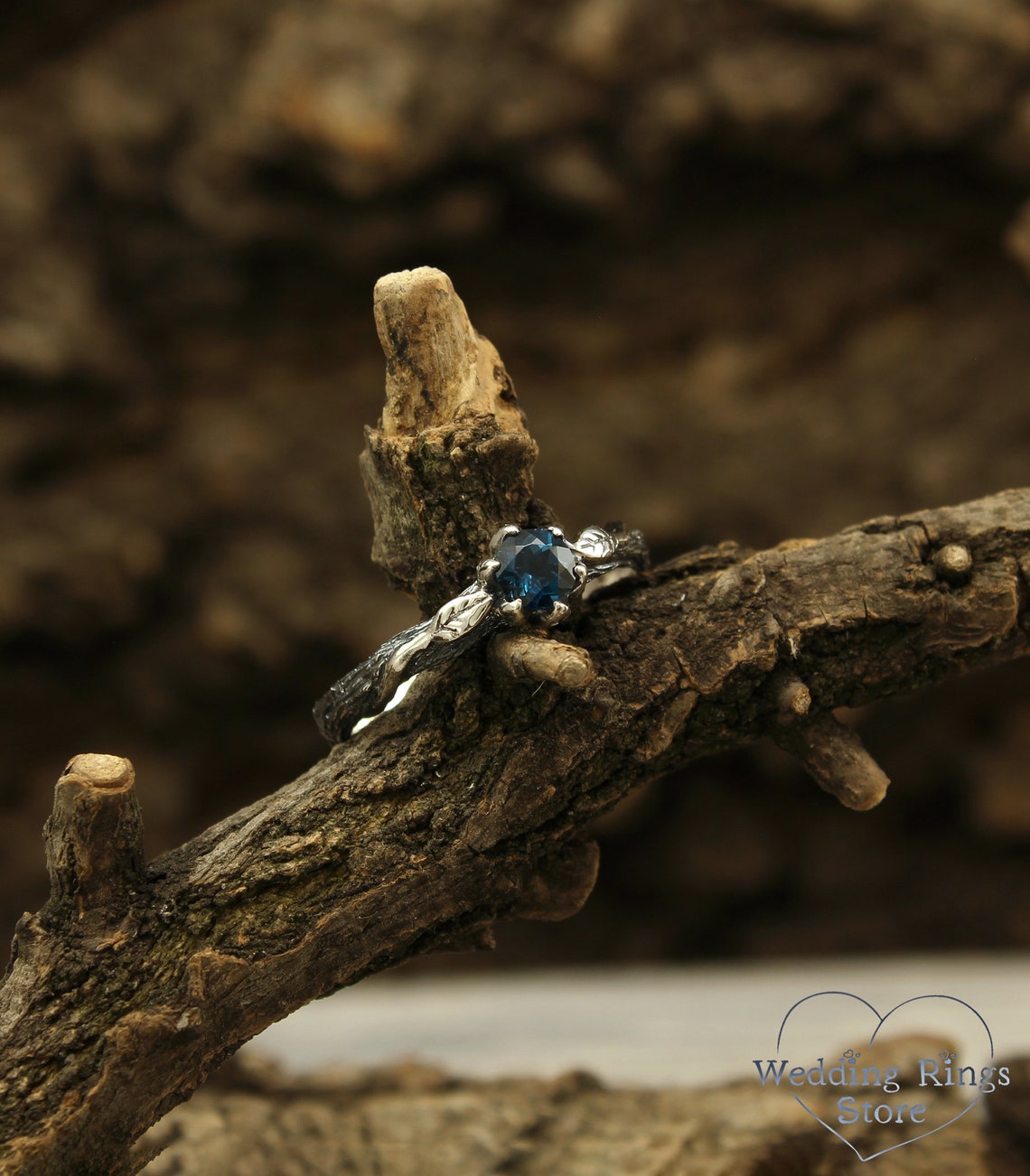 Sparkling Topaz & Leaves on Branch Silver Engagement Ring