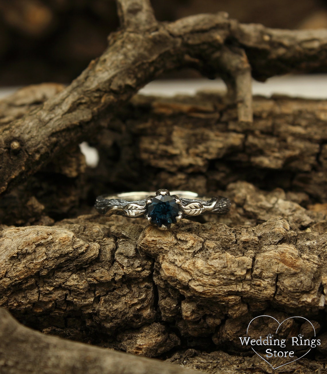 Sparkling Topaz & Leaves on Branch Silver Engagement Ring