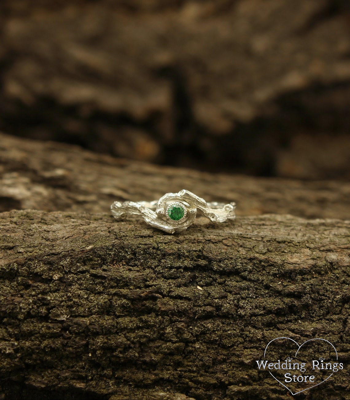 Dainty Braided Silver Twigs with Shiny Emerald inside