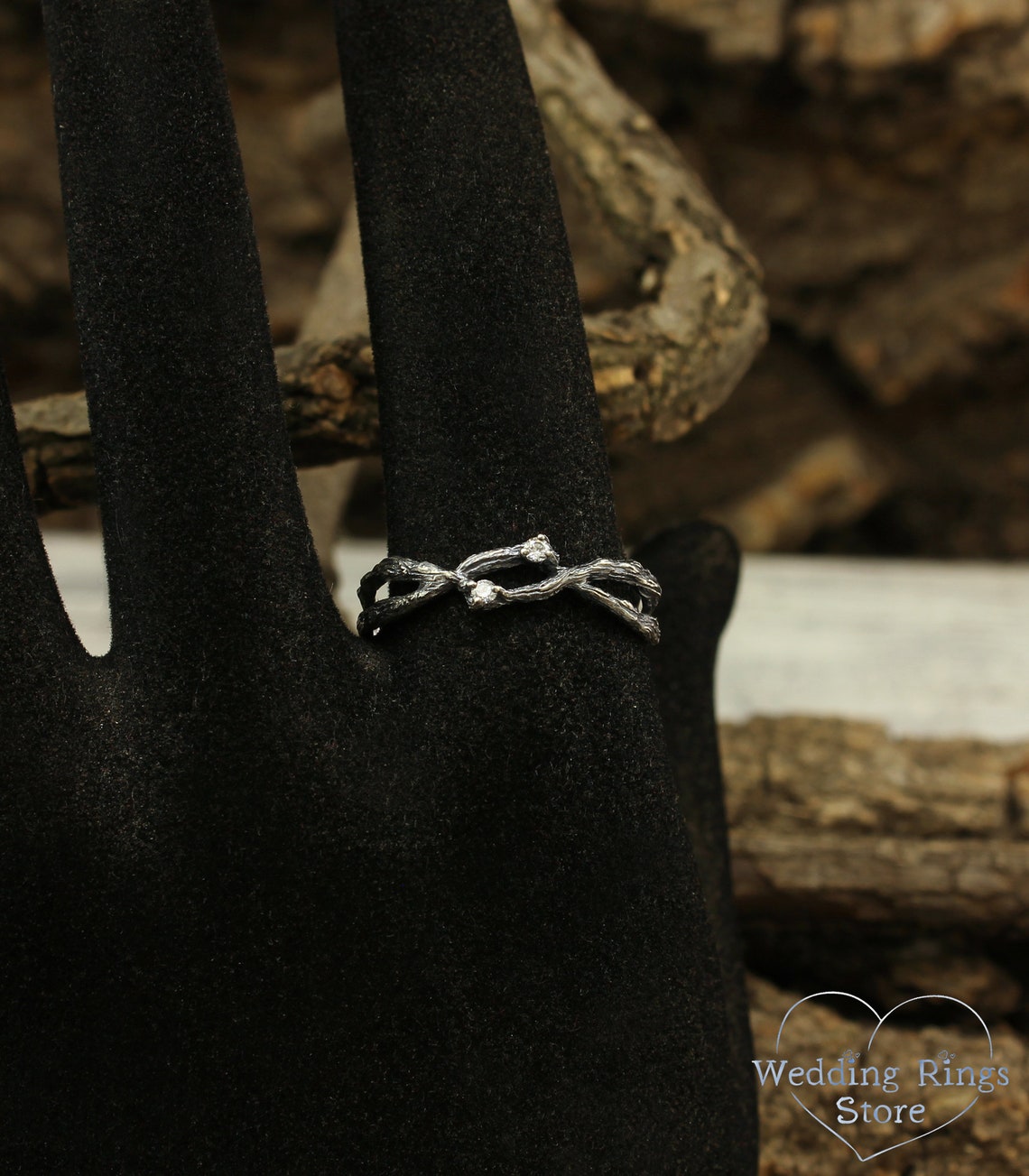 Antique Finished Silver Double Braided Branch Ring & Gemstones