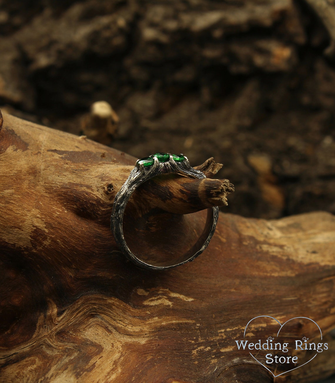 Emeralds on Branch Silver Three Stone Ring for Her