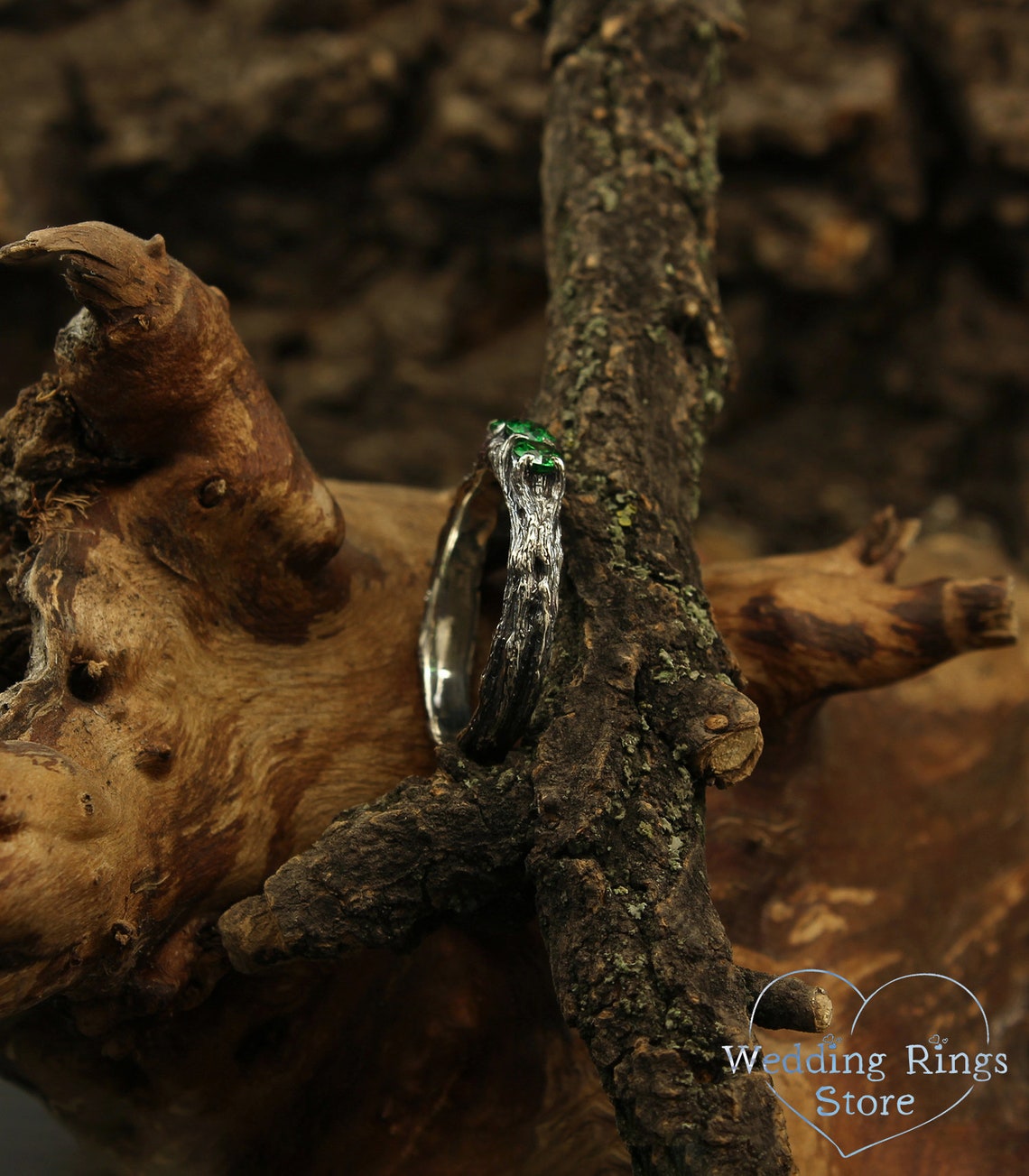 Emeralds on Branch Silver Three Stone Ring for Her