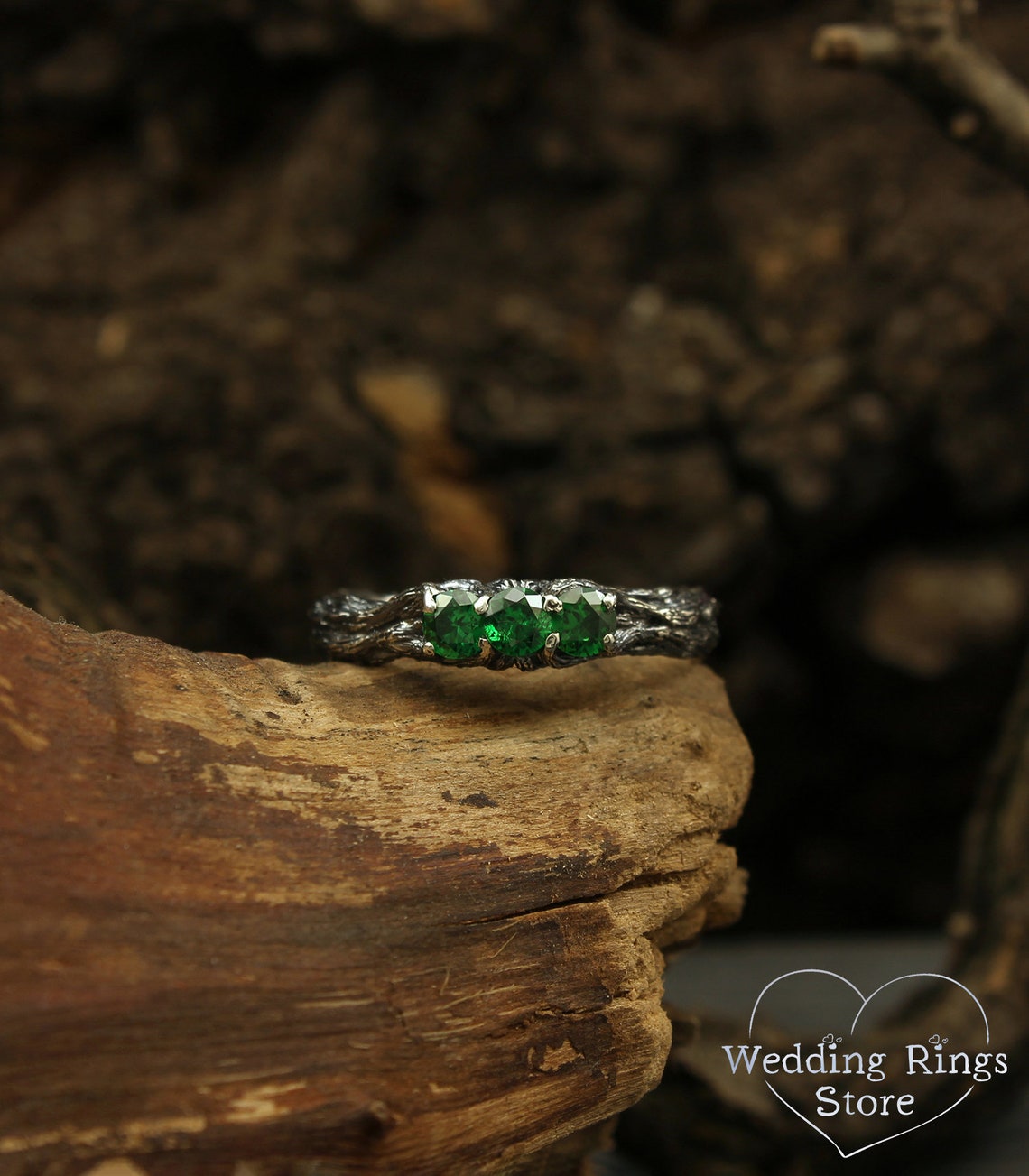 Emeralds on Branch Silver Three Stone Ring for Her