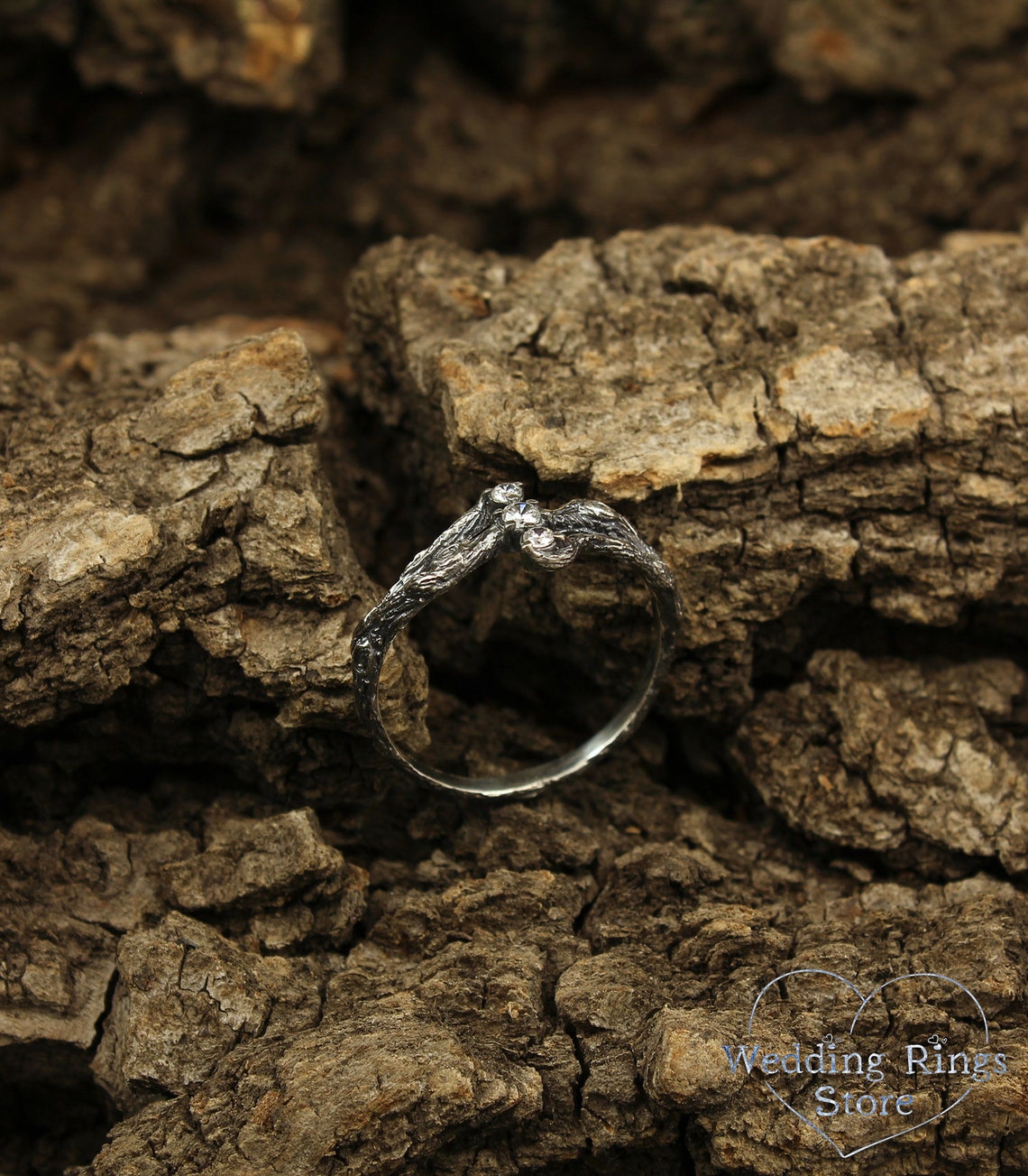 Three Stones on a Three Silver Twigs Cute Engagement Ring