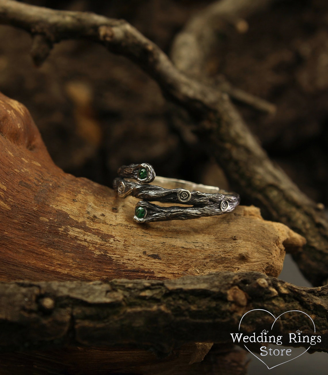 Three petite Branches Unique Silver Promise Ring with Emeralds