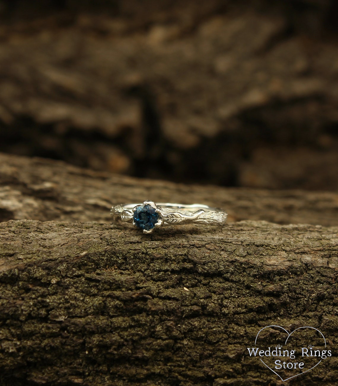 Sparkling Topaz & Leaves on Branch Silver Engagement Ring