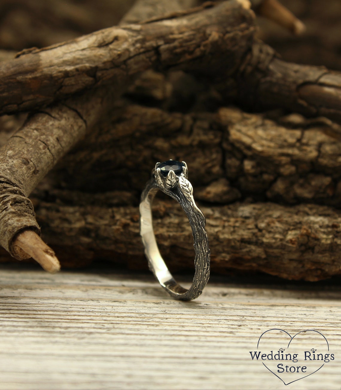 Sparkling Topaz & Leaves on Branch Silver Engagement Ring