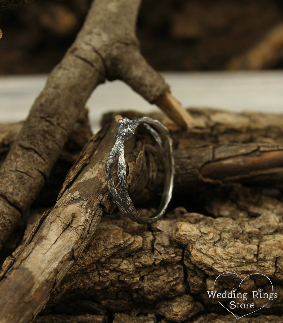 Antique Finished Silver Double Braided Branch Ring & Gemstones