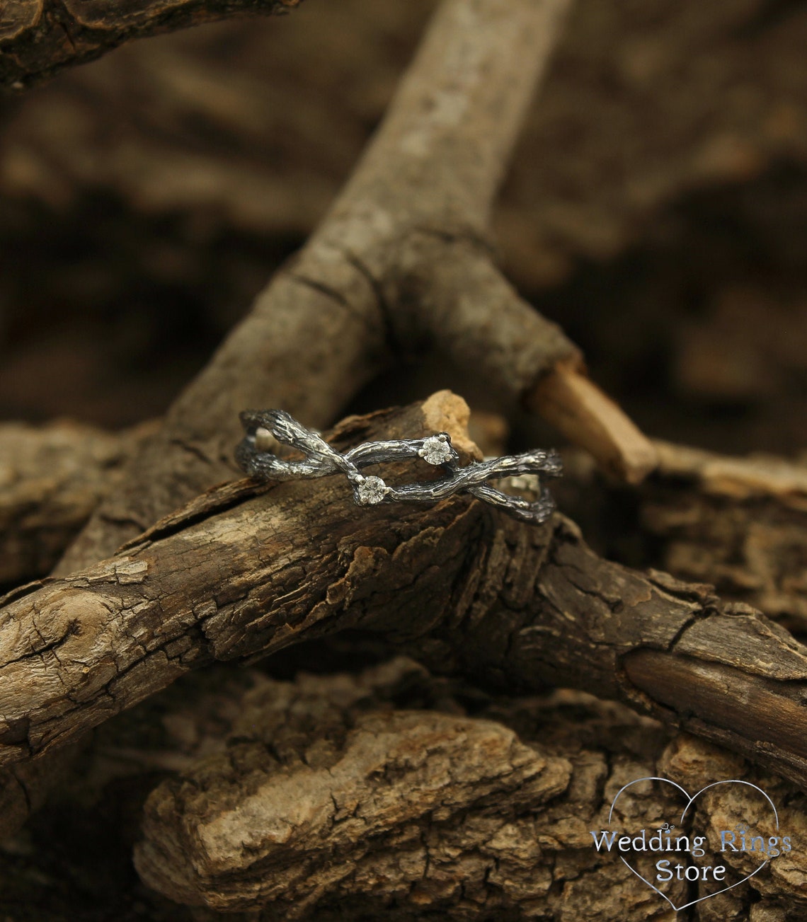 Antique Finished Silver Double Braided Branch Ring & Gemstones